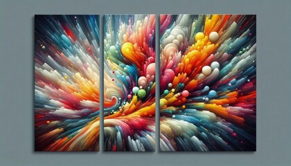 HD triptych art of vibrant color bursts, each panel featuring a different explosion of colors, abstract shapes, dynamic movement, digital painting