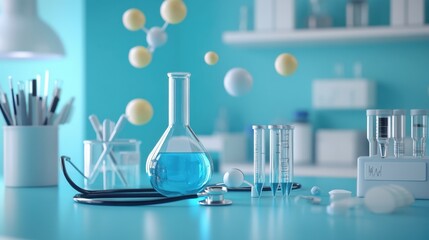 Blue science laboratory with stethoscope for diagnosis