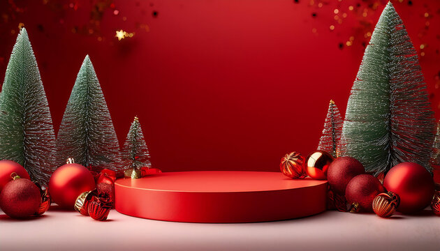  Un podio rosso vuoto, circondato da decorazioni natalizie, ideale per presentare prodot_1(289)