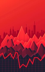 Abstract red mountains with a cityscape skyline and a red line graph in the foreground.