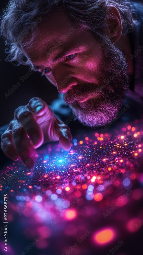 Poster a focused individual delicately interacts with colorful cosmic patterns, exploring creativity and li