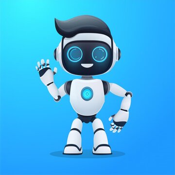 3D Ai chatbot characters in various poses. The cute robot mascot waves its hand. It's a smart robotic character. Isolated  illustration. Help and support from artificial intelligence.