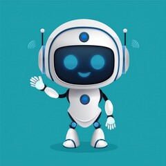 3D Ai chatbot characters in various poses. The cute robot mascot waves its hand. It's a smart robotic character. Isolated  illustration. Help and support from artificial intelligence.