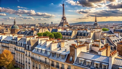 Fototapeta premium Panoramic aerial view of Paris rooftops with Eiffel Tower in the distance , Paris, France, cityscape, skyline