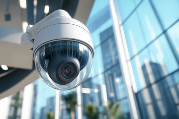 Security camera mounted on a wall monitors a modern, bright lobby with large windows and sleek interior design, ensuring safety and surveillance