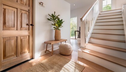 A bright and airy entrance with a roomy foyer. Sunlight streams through the open door, illuminating a wooden bench and a jute ottoman beneath a white-railed staircase.