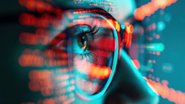 A close-up of a cybersecurity professional examining lines of code on a computer screen in a Security Operations Center (SOC), focused on detecting and mitigating cyber threats.