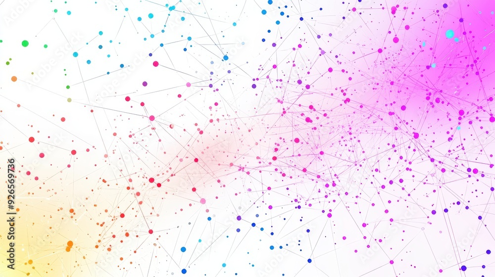 Poster abstract grid pattern connected dots bright neon colors empty white background