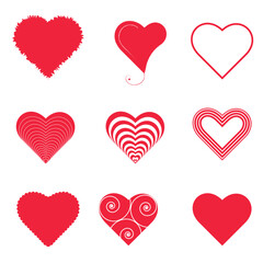 Set of simple flat red hearts isolated on white background. For greeting card or t-shirt design. Romance and love