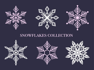 Set of white and pink snowflakes for Christmas card. Winter seasonal decorartive element