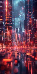 Futuristic night cityscape with glowing neon lights reflecting on wet streets.