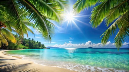 Fototapeta premium Beautiful tropical beach with sparkling blue sea perfect for summer vibes, tropical, beach, sea, shiny, sparkling, blue