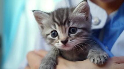 Expert Veterinarian Examining Cute Domestic Kitten in Indoor Hospital