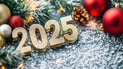 Glittery Gold 2025 New Year's Eve Decoration with Snow and Christmas Ornaments