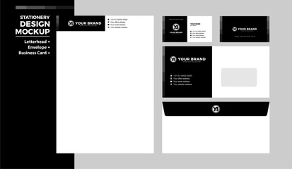 Black corporate stationery design, corporate trademark identity design. Letterhead, envelope and business card mockup design