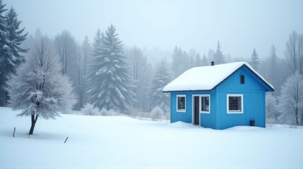 Naklejka premium A charming blue cottage stands peacefully amidst a snowy landscape, surrounded by snow-covered trees, embodying the calm beauty of winter.