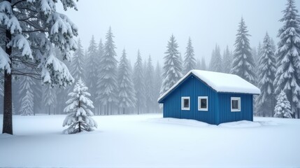 Naklejka premium A charming blue cottage stands peacefully amidst a snowy landscape, surrounded by snow-covered trees, embodying the calm beauty of winter.