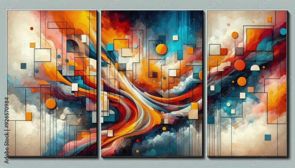 Wall mural HD triptych art of abstract color splashes, bold and vibrant hues, geometric shapes, modern art, acrylic on canvas