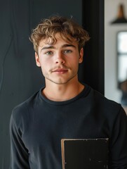 Portrait of a Young Man with Curly Hair and Blue Eyes in a Black Shirt Standing Indoors