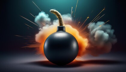 A photo of a bomb with smoke coming out. The picture is dark and the colors are contrasting.