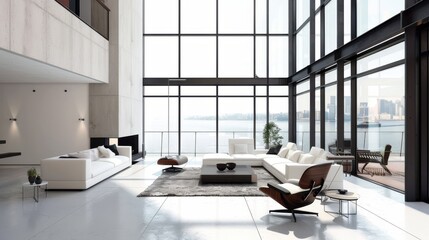 A modern living room background with sleek, contemporary furniture, large windows letting in natural light, and minimalist decor elements that create a spacious and inviting environment