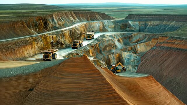 Open Pit Mining Operation with Trucks and Excavators in Quarry at Sunrise