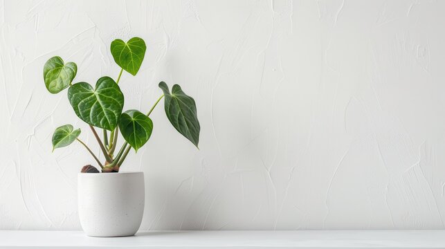 A serene scene on a white background with a single potted plant, showcasing its lush green leaves and minimalist pot, creating a sense of tranquility and simplicity