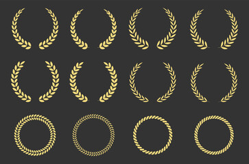 Gold laurel wreath, winner award set vector illustration. Golden branch of olive leaves or stars of victory symbol, insignia emblem decoration design, triumph honor champion prize isolated on white