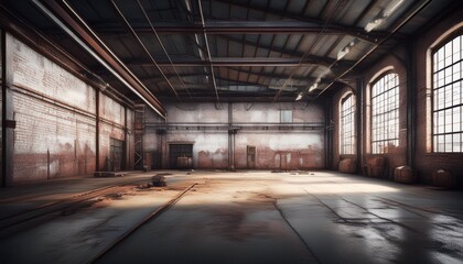 Abandoned Industrial Warehouse A Grunge Interior of a Dark, Empty Factory with Dirty White Brick Walls, Vintage Metal, and Rusty Steel, creating a Creepy and Large Space.