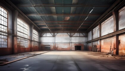 Abandoned Industrial Warehouse A Grunge Interior of a Dark, Empty Factory with Dirty White Brick Walls, Vintage Metal, and Rusty Steel, creating a Creepy and Large Space.