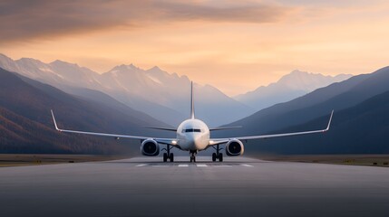 A modern airplane prepares for takeoff against a stunning mountainous backdrop, showcasing adventure and travel.