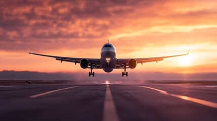 A stunning airplane takes off at sunset, showcasing vibrant colors in the sky and highlighting the beauty of air travel.