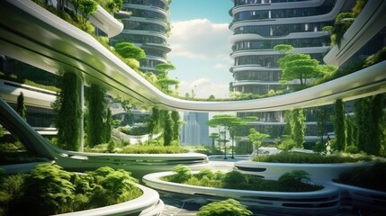 Futuristic urban landscape with greenery and modern architecture.