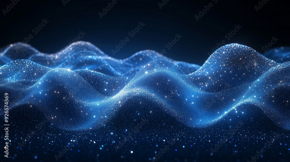 Poster undulating waves of sparkling blue light create a dreamlike cosmic landscape filled with stars and m