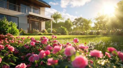 A lush green lawn with vibrant pink flowers in bloom, a modern house in the background, and the sun shining brightly.