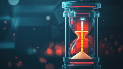Illustration of an hourglass with a loading progress bar. The sand flows while the bar moves, symbolizing patience, time, and progress in an abstract, tech-inspired design.