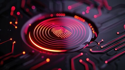 Obraz premium Futuristic Circuit Board with Glowing Red Fingerprint Sensor, High-Tech Digital Security Concept, Modern Technology Background, Cybersecurity, and Innovation in Electronics
