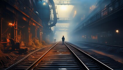 Alone in a Steel City A Serene Journey through the Foggy Railroad