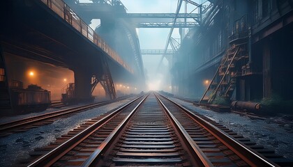 Naklejka premium Alone in a Steel City A Serene Journey through the Foggy Railroad