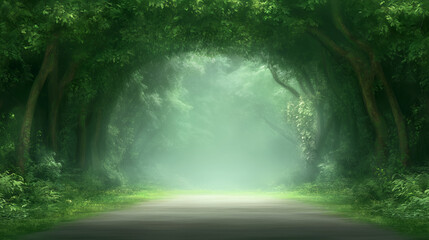 Obraz premium Misty forest path surrounded by dense green foliage