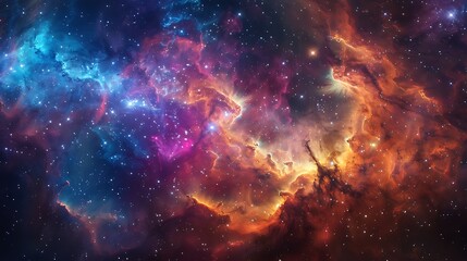 Obraz premium A close-up of a stellar nursery, vibrant and intricate gas formations, new stars forming, viewed from a nearby moon, bright and colorful, capturing the wonder and beauty of star birth.