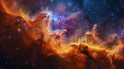 Fototapeta premium A close-up of a vibrant nebula, new stars forming, intricate gas formations, viewed from an interstellar spacecraft, bright and colorful, capturing the beauty and wonder of stellar nurseries.