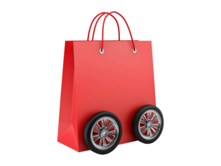 Red shopping bag on wheels isolated on transparent or white background