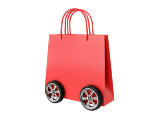 Red shopping bag on wheels isolated on transparent or white background
