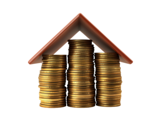 Gold coins under red house roof isolated on transparent or white background
