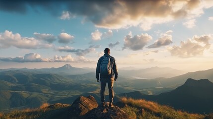 A person standing on a mountain peak, gazing at the scenic view.