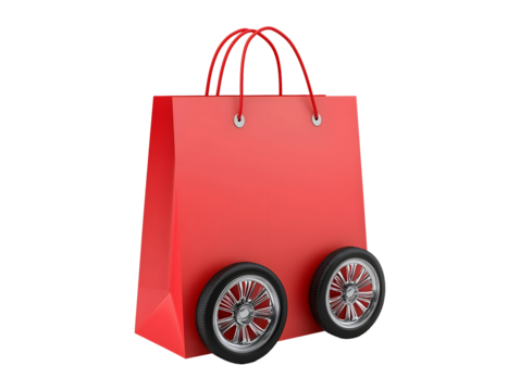 Red shopping bag on wheels isolated on transparent or white background