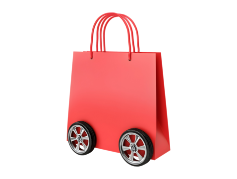 Red shopping bag on wheels isolated on transparent or white background