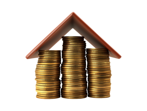 Gold coins under red house roof isolated on transparent or white background