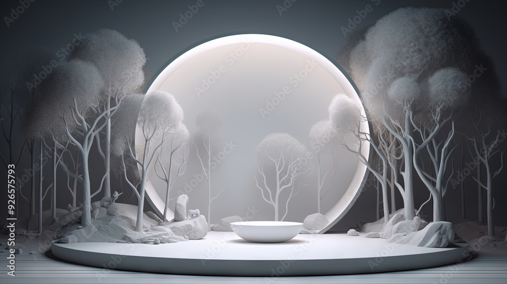 Poster Interior with circular architecture form in 3D style. Abstract room with arc element and trees.